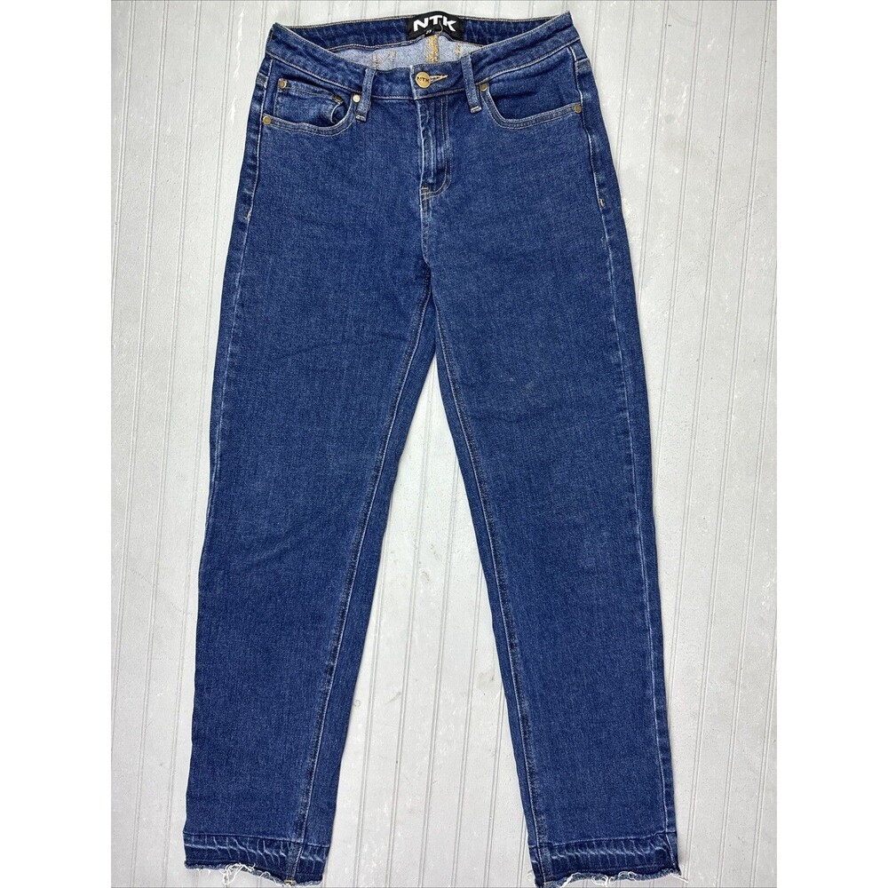 NTK Size 23 Womens Jeans Mid Rise Straight Stretch Dark Wash Raw Hem